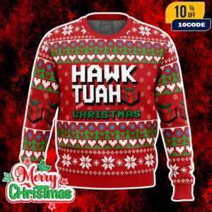 Ugly Christmas Sweater Hawk Tuah Meme Holiday Jumper Funny Red Knit Design