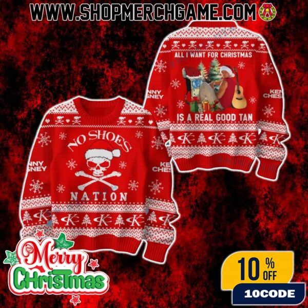 Ugly Christmas Sweater Kenny Chesney No Shoes Nation Skull Logo Country Music Holiday Pullover