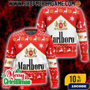 Ugly Sweater Marlboro Cigarette Design Holiday Knitted Pullover Philip Morris Crown Logo Fair Isle Pattern Christmas Tree Winter Apparel Gift For Smokers