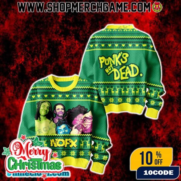 Ugly Xmas Sweater NOFX Punks Not Dead Band Christmas Pullover Green Knit For Men And Women