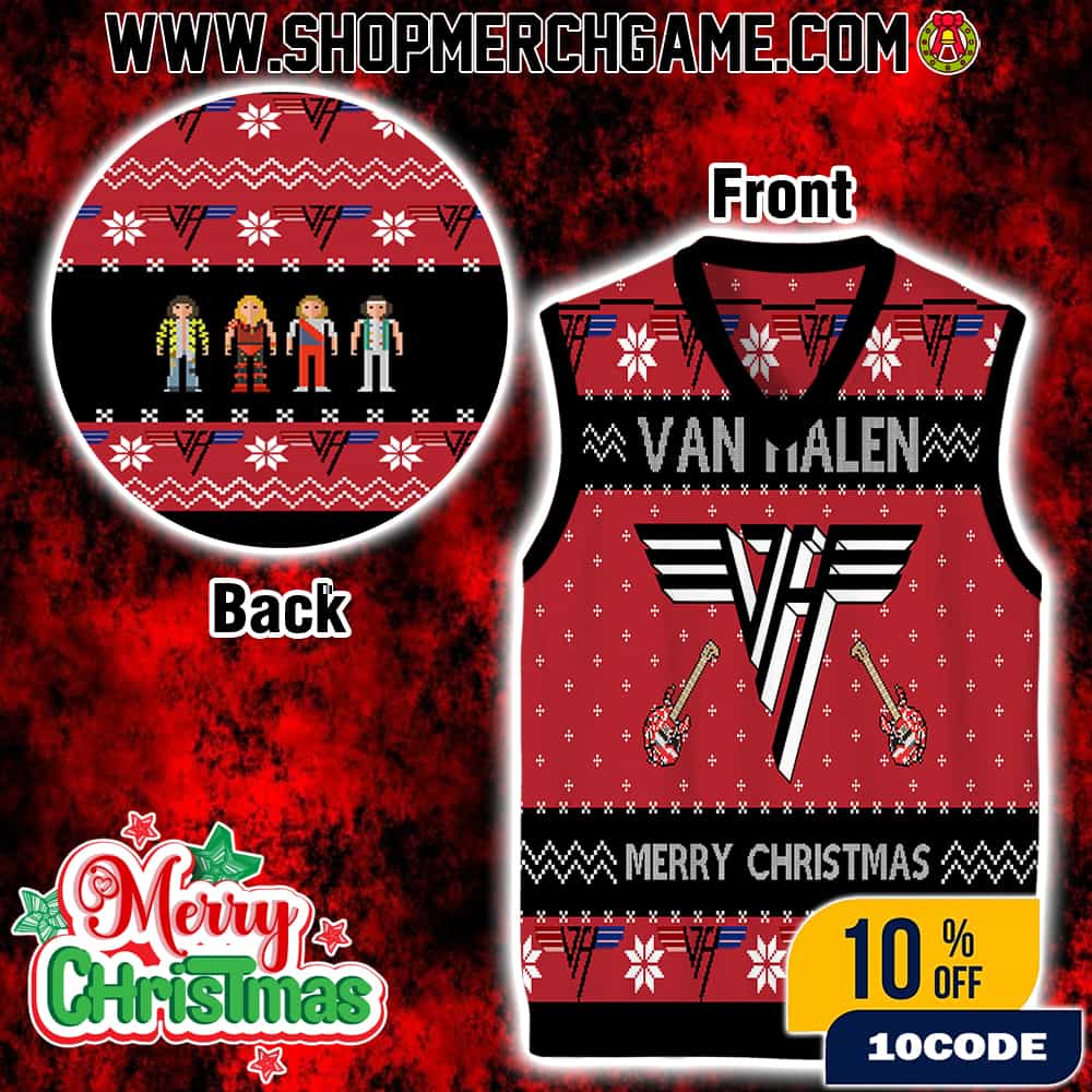 Van Halen Gile Ugly Christmas Sweater Vest With VH Logo Crossed Guitars Design Nordic Pattern Holiday Knit For Classic Rock Fans Van Halen Gile Ugly Christmas Sweater Vest With VH Logo Crossed Guitars Design Nordic Pattern Holiday Knit For Classic Rock Fans
