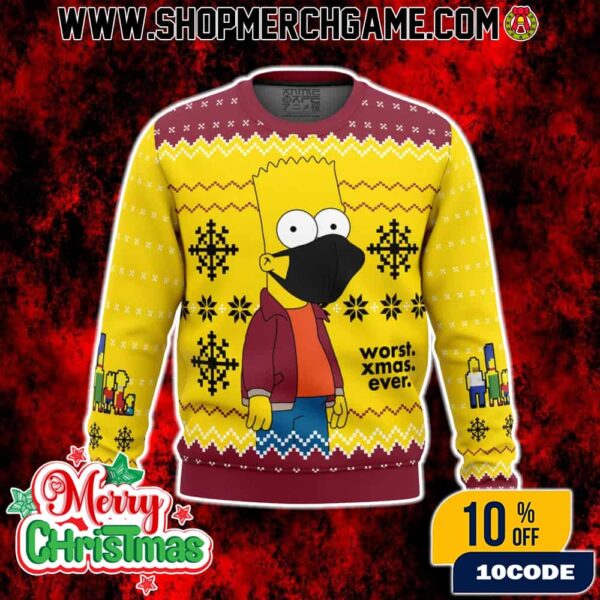Worst Xmas Ever The Simpsons Bart Simpson Ugly Christmas Sweater With Nordic Pattern Snowflakes Holiday Knit Pullover For Cartoon TV Show Fans