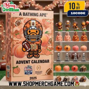 A Bathing Ape x Chick Fil A Peach Bowl 2025 Advent Calendar Ornament NCAA CFP Quarterfinal Collectible Peach Football Bear Mascot Trophy Atlanta Christmas Countdown Gift