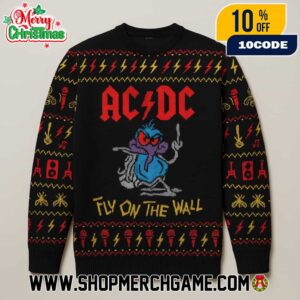 AC/DC Fly On The Wall Ugly Christmas Sweater Black Knitted Crew Neck Holiday Band Merch