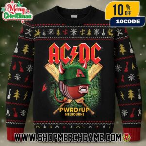 AC/DC Rock Band Ugly Christmas Sweater Knitted Holiday Pullover Power Up Melbourne Unisex Snowflake Tree Pattern
