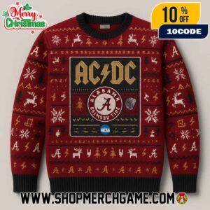AC/DC Alabama Crimson Tide Ugly Christmas Sweater Unisex Red Gold Knit Holiday Pullover NCAA Football Metal Band Mashup Festive Crewneck