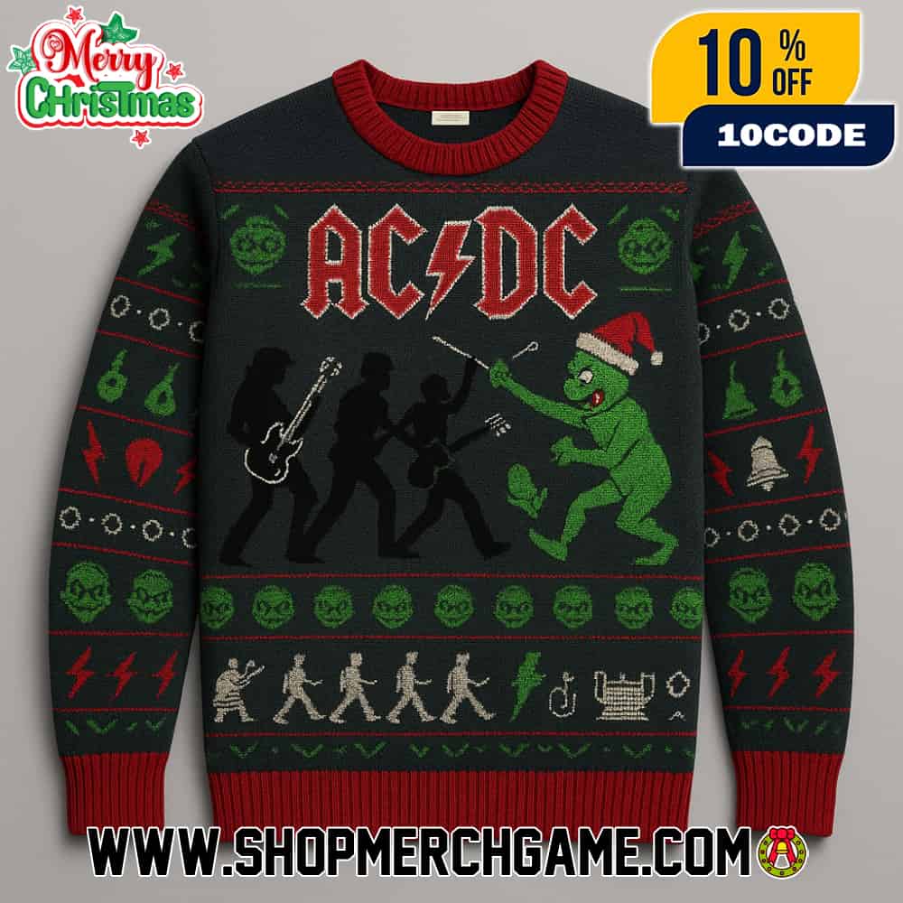 AC/DC Holiday Knitted Sweater With Grinch Santa Hat Design Ugly Christmas Pullover Rock Band Fair Isle Pattern For Men Women Winter Party AC/DC Holiday Knitted Sweater With Grinch Santa Hat Design Ugly Christmas Pullover Rock Band Fair Isle Pattern For Men Women Winter Party