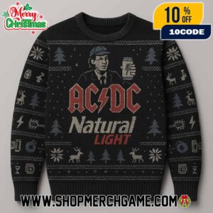 AC/DC Natural Light Ugly Christmas Sweater With Angus Young Portrait Beer Can Black Red Fair Isle Knitted Holiday Pullover Featuring Lightning Bolt Logo For Rock Fans