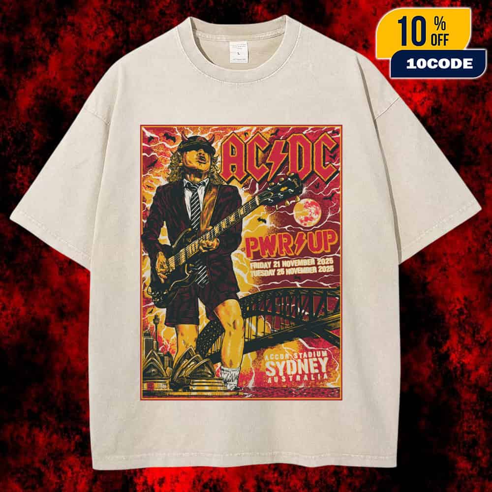AC/DC PWR UP Tour 2025 Accor Stadium Sydney Australia 21-25 November Concert Poster Design Angus Young Collectible By Ben Brown Washed T-Shirt AC/DC PWR UP Tour 2025 Accor Stadium Sydney Australia 21-25 November Concert Poster Design Angus Young Collectible By Ben Brown Washed T-Shirt