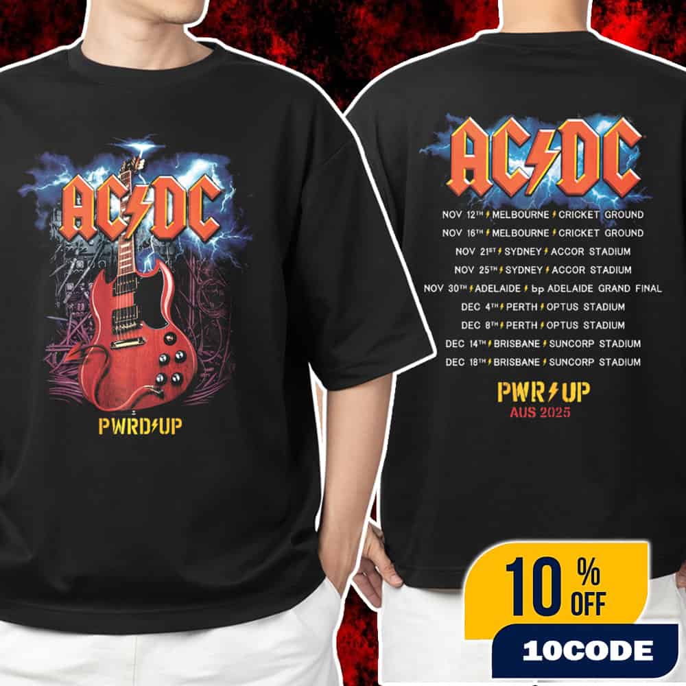 AC/DC PWR UP Tour North America 2025 Angus Gibson Guitar Artwork Event Tee With Tour Dates Backprint Unisex T-Shirt Merchandise AC/DC PWR UP Tour North America 2025 Angus Gibson Guitar Artwork Event Tee With Tour Dates Backprint Unisex T-Shirt Merchandise