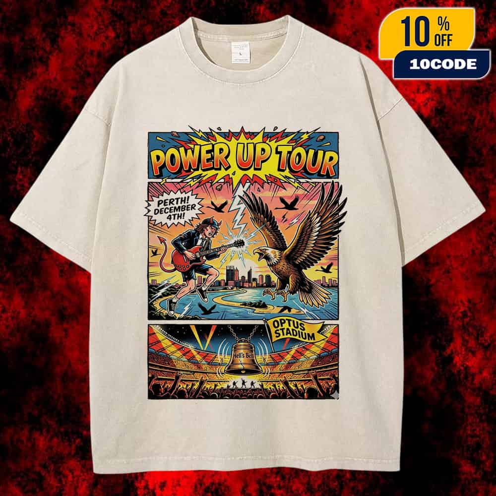 AC/DC Power Up Tour Poster Perth Australia December 4th 2025 Optus Stadium Vintage Comic Book Style Concert Artwork Hell’s Bell Eagle Battle Print Unisex Washed T-Shirt AC/DC Power Up Tour Poster Perth Australia December 4th 2025 Optus Stadium Vintage Comic Book Style Concert Artwork Hell’s Bell Eagle Battle Print Unisex Washed T-Shirt
