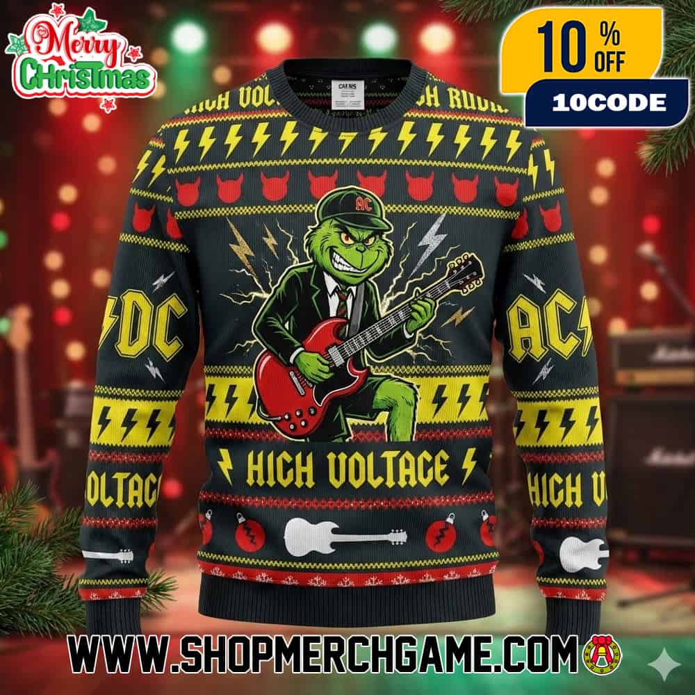 AC/DC x Grinch High Voltage Ugly Christmas Sweater Black Yellow Knit Pullover With Electric Guitar Lightning Bolts Fair Isle Pattern Rock Band Holiday Winter Jumper AC/DC x Grinch High Voltage Ugly Christmas Sweater Black Yellow Knit Pullover With Electric Guitar Lightning Bolts Fair Isle Pattern Rock Band Holiday Winter Jumper