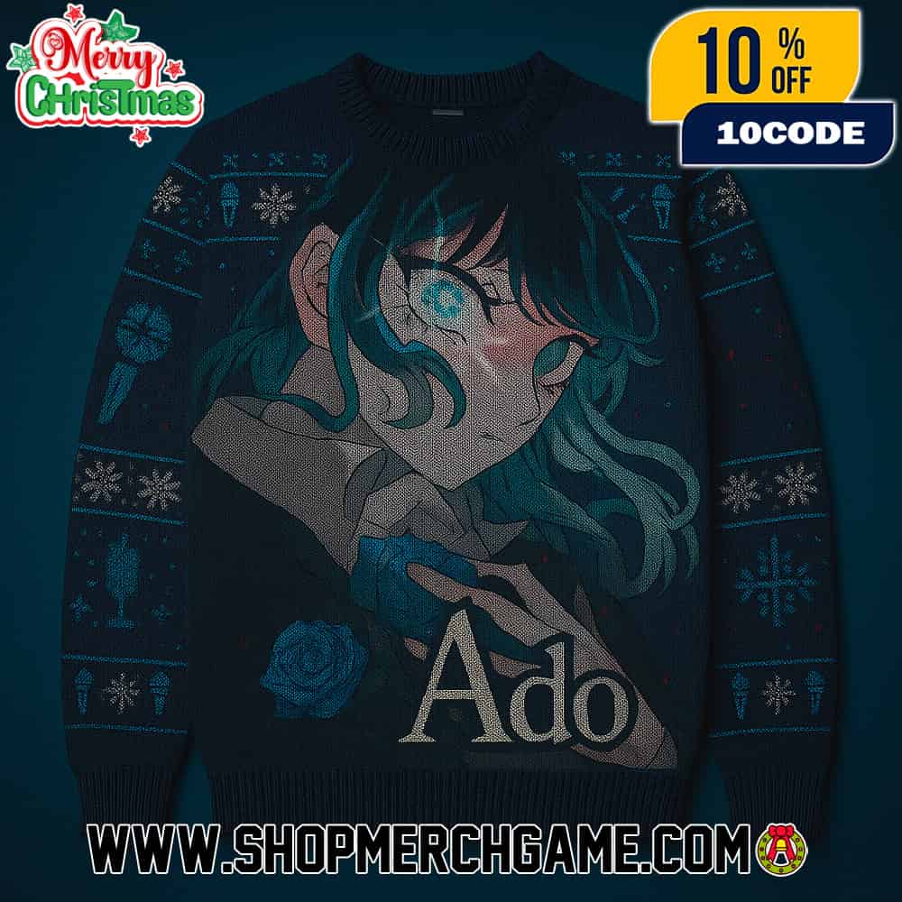 Ado Japanese Singer Anime Character Microphone Pose Ugly Christmas Sweater Navy Blue Fair Isle Rose Pattern Holiday Knit Pullover Ado Japanese Singer Anime Character Microphone Pose Ugly Christmas Sweater Navy Blue Fair Isle Rose Pattern Holiday Knit Pullover