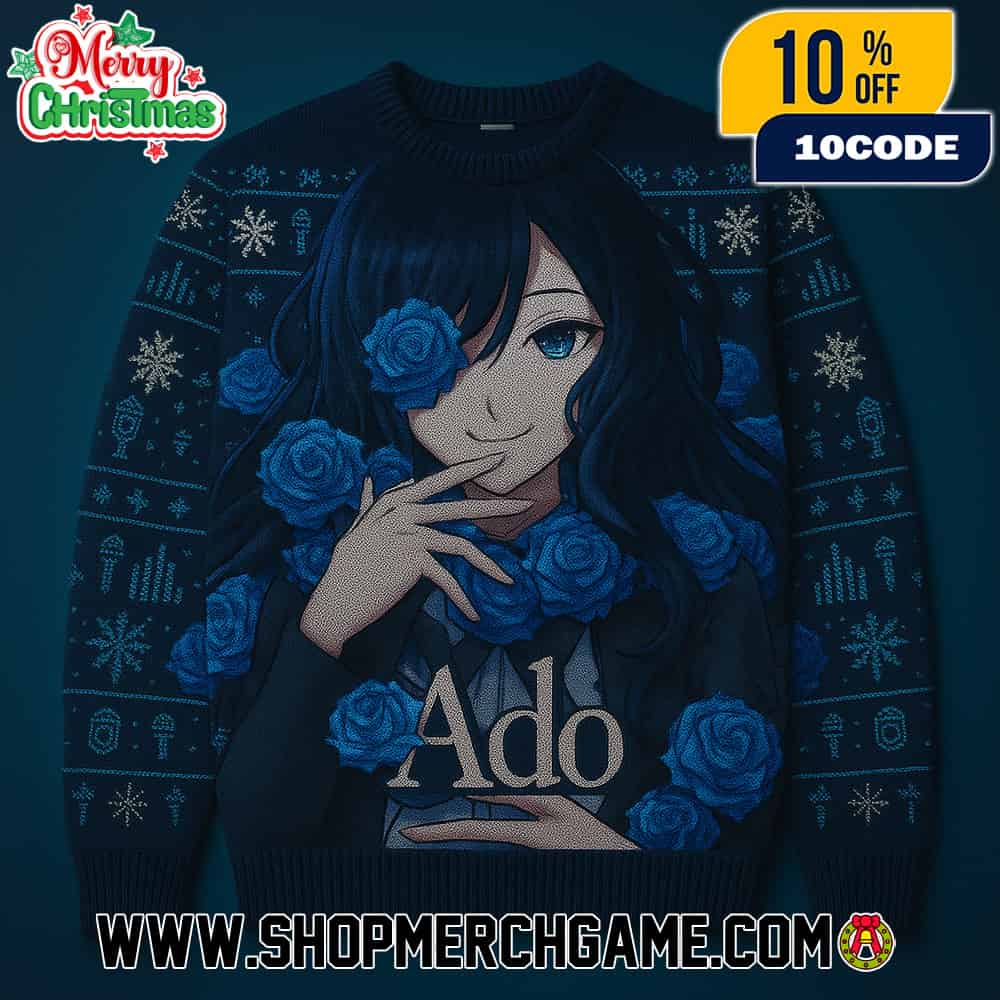 Ado Japanese Singer Anime Character Ugly Christmas Sweater Navy Blue Rose Pattern Fair Isle Holiday Knit Pullover Ado Japanese Singer Anime Character Ugly Christmas Sweater Navy Blue Rose Pattern Fair Isle Holiday Knit Pullover