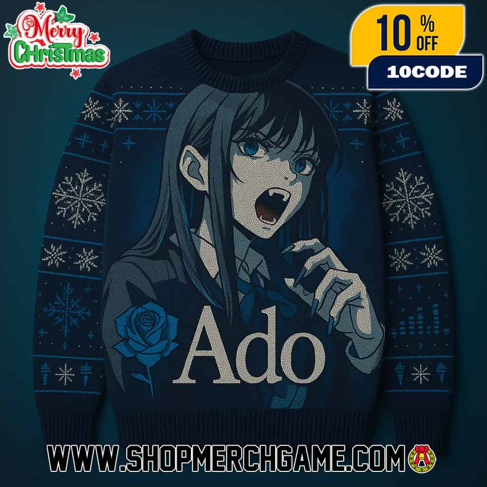Ado Oshi No Ko Anime Ugly Christmas Sweater Navy Blue Fair Isle Rose Pattern Knitted Holiday Pullover Ado Oshi No Ko Anime Ugly Christmas Sweater Navy Blue Fair Isle Rose Pattern Knitted Holiday Pullover