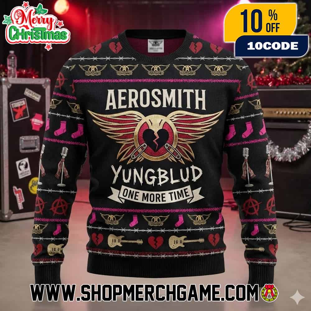 Aerosmith x Yungblud One More Time Ugly Christmas Sweater Knitted Pullover Rock Band Collaboration EP Merch With Winged Heart Logo Guitar And Microphone Design Holiday Gift Aerosmith x Yungblud One More Time Ugly Christmas Sweater Knitted Pullover Rock Band Collaboration EP Merch With Winged Heart Logo Guitar And Microphone Design Holiday Gift