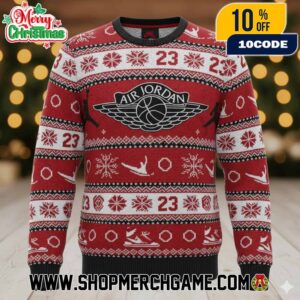 Air Jordan 23 Ugly Christmas Sweater Red Black White Knit Pattern Snowflake Basketball Logo Jumpman Silhouette Holiday Pullover Xmas Party Gift Winter Fashion Unisex Crewneck