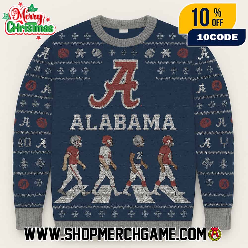 Alabama Crimson Tide NCAA Abbey Road Football Players Crossing Ugly Christmas Sweater With Script A Logo Crimson Navy Fair Isle Knitted Holiday Pullover Alabama Crimson Tide NCAA Abbey Road Football Players Crossing Ugly Christmas Sweater With Script A Logo Crimson Navy Fair Isle Knitted Holiday Pullover