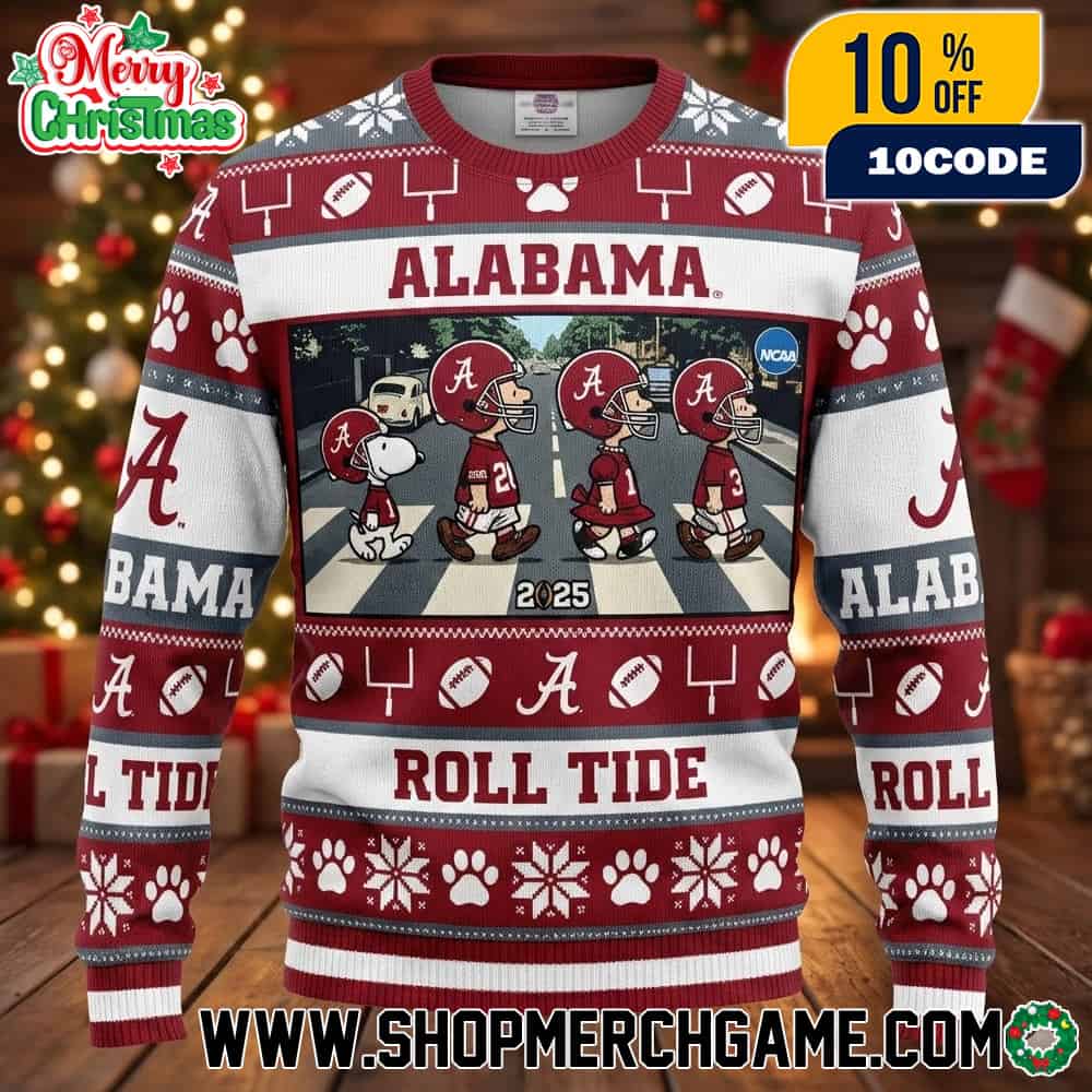 Alabama Crimson Tide Roll Tide Ugly Christmas Sweater Snoopy Abbey Road Parody 2025 Football Knit Holiday Pullover With Paw Prints And Snowflakes Alabama Crimson Tide Roll Tide Ugly Christmas Sweater Snoopy Abbey Road Parody 2025 Football Knit Holiday Pullover With Paw Prints And Snowflakes