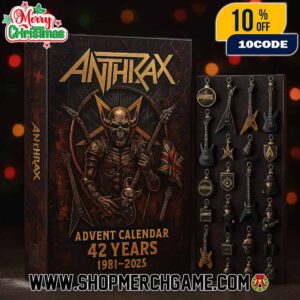 Anthrax Advent Calendar 42 Years 1981-2025 Ornament Set With Skeleton Warrior Mascot Guitar UK Flag Skull Band Member Figurines Holiday Countdown Gift Thrash Metal Collectible