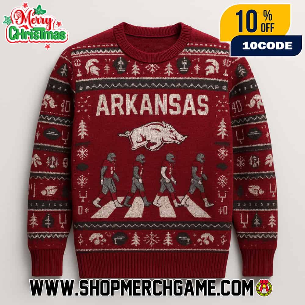 Arkansas Razorbacks NCAA Abbey Road Parody Holiday Knitted Sweater With Razorback Mascot Cardinal Red Ugly Christmas Sweater For College Football Fans Arkansas Razorbacks NCAA Abbey Road Parody Holiday Knitted Sweater With Razorback Mascot Cardinal Red Ugly Christmas Sweater For College Football Fans
