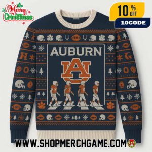 Auburn Tigers NCAA Abbey Road Football Players Crossing Ugly Christmas Sweater With A Logo Orange Navy Fair Isle Knitted Holiday Pullover