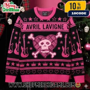 Avril Lavigne Girlfriend Pink Skull Heart Ugly Christmas Sweater Rock Guitar Knitted Holiday Merch Limited Edition