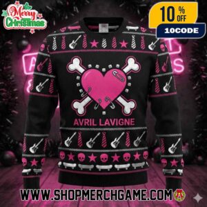 Avril Lavigne Ugly Christmas Sweater Pink Heart Bones Safety Pin Rock Guitar Pattern Holiday Knitted Unisex Merch