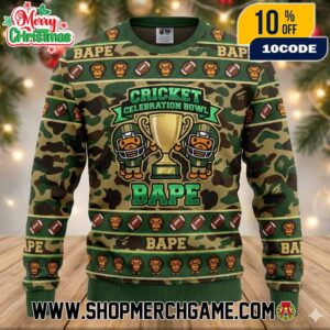 BAPE x Cricket Celebration Bowl 2025 Ugly Christmas Sweater Knitted Camo Football Trophy Design Holiday Pullover