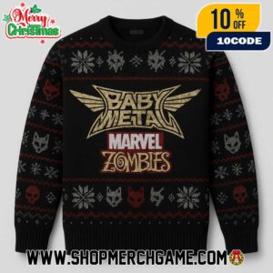 Babymetal Marvel Zombies Ugly Christmas Sweater Black Red Gold Knit Snowflake Skull Crew Neck Long Sleeve Holiday Pullover Unisex Fan Merchandise