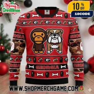 Bape x Georgia Bulldogs Ugly Christmas Sweater Red Black Knit Pullover Baby Milo UGA Mascot Camo Pattern Football Holiday Winter Xmas Unisex