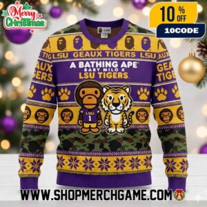 Bape x LSU Tigers Ugly Christmas Sweater Purple Gold Knit Pullover Baby Milo Mike Tiger Geaux Tigers Camo Pattern Football Holiday Winter Xmas Unisex