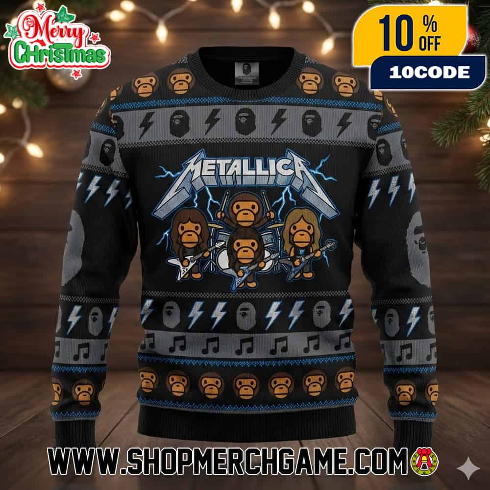 Bape x Metallica Ugly Christmas Sweater Black Gray Blue Knit Pullover Band Logo Lightning Bolt Music Note Pattern Holiday Winter Xmas Unisex Bape x Metallica Ugly Christmas Sweater Black Gray Blue Knit Pullover Band Logo Lightning Bolt Music Note Pattern Holiday Winter Xmas Unisex