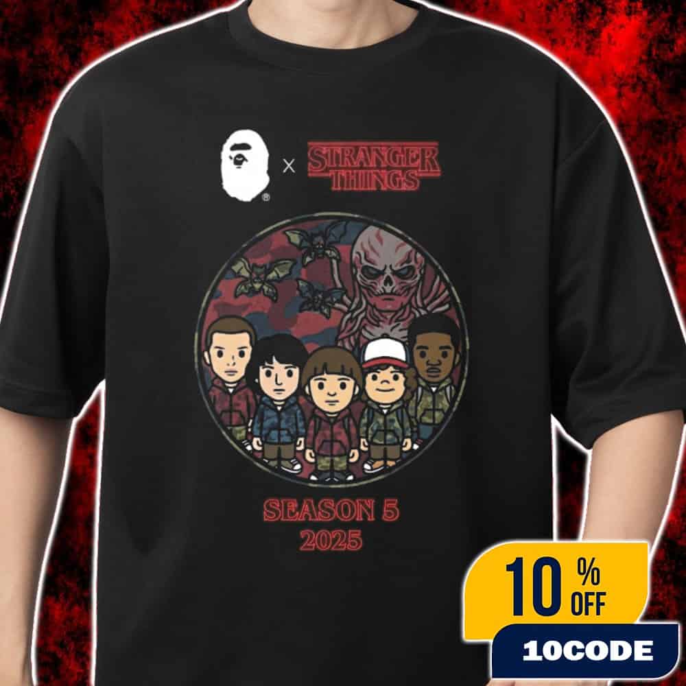 Bape x Stranger Things Season 5 2025 Chibi Characters Poster Limited Edition Streetwear Anime Style Artwork Merch Unisex T-Shirt Bape x Stranger Things Season 5 2025 Chibi Characters Poster Limited Edition Streetwear Anime Style Artwork Merch Unisex T-Shirt