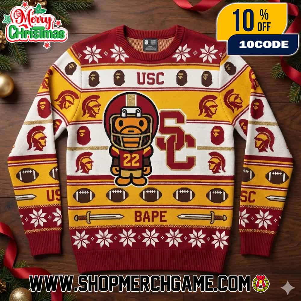 Bape x USC Trojans Ugly Christmas Sweater Cardinal Gold White Knit Pullover Football Helmet 22 Trojan Mascot Pattern Holiday Winter Xmas Unisex Bape x USC Trojans Ugly Christmas Sweater Cardinal Gold White Knit Pullover Football Helmet 22 Trojan Mascot Pattern Holiday Winter Xmas Unisex