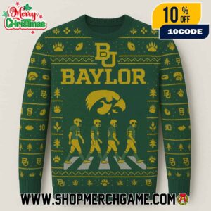 Baylor Bears NCAA Abbey Road Holiday Knitted Sweater With Iowa Hawkeyes Parody Design Festive Green And Gold Ugly Christmas Sweater For Fans