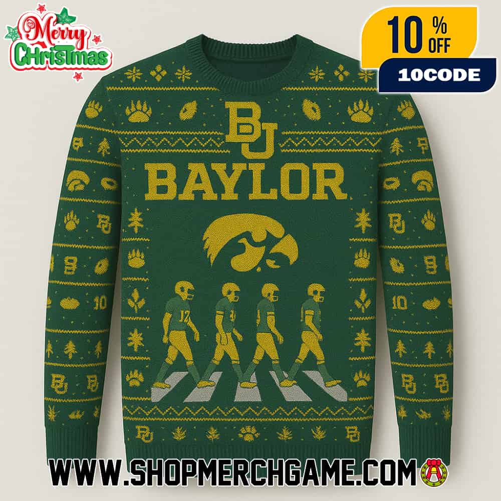 Baylor Bears NCAA Abbey Road Holiday Knitted Sweater With Iowa Hawkeyes Parody Design Festive Green And Gold Ugly Christmas Sweater For Fans Baylor Bears NCAA Abbey Road Holiday Knitted Sweater With Iowa Hawkeyes Parody Design Festive Green And Gold Ugly Christmas Sweater For Fans