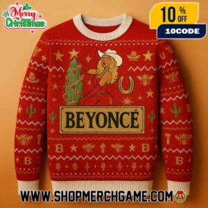 Beyonce Red Cowboy Christmas Ugly Sweater With Horseshoe Western Holiday Knit Pullover