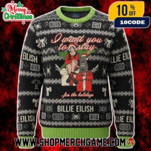 Billie Eilish I Want You To Stay For The Holidays Ugly Christmas Sweater Black Knitted Pullover With Fair Isle Pattern Gift Box Santa Hat Design Winter Holiday Collectible