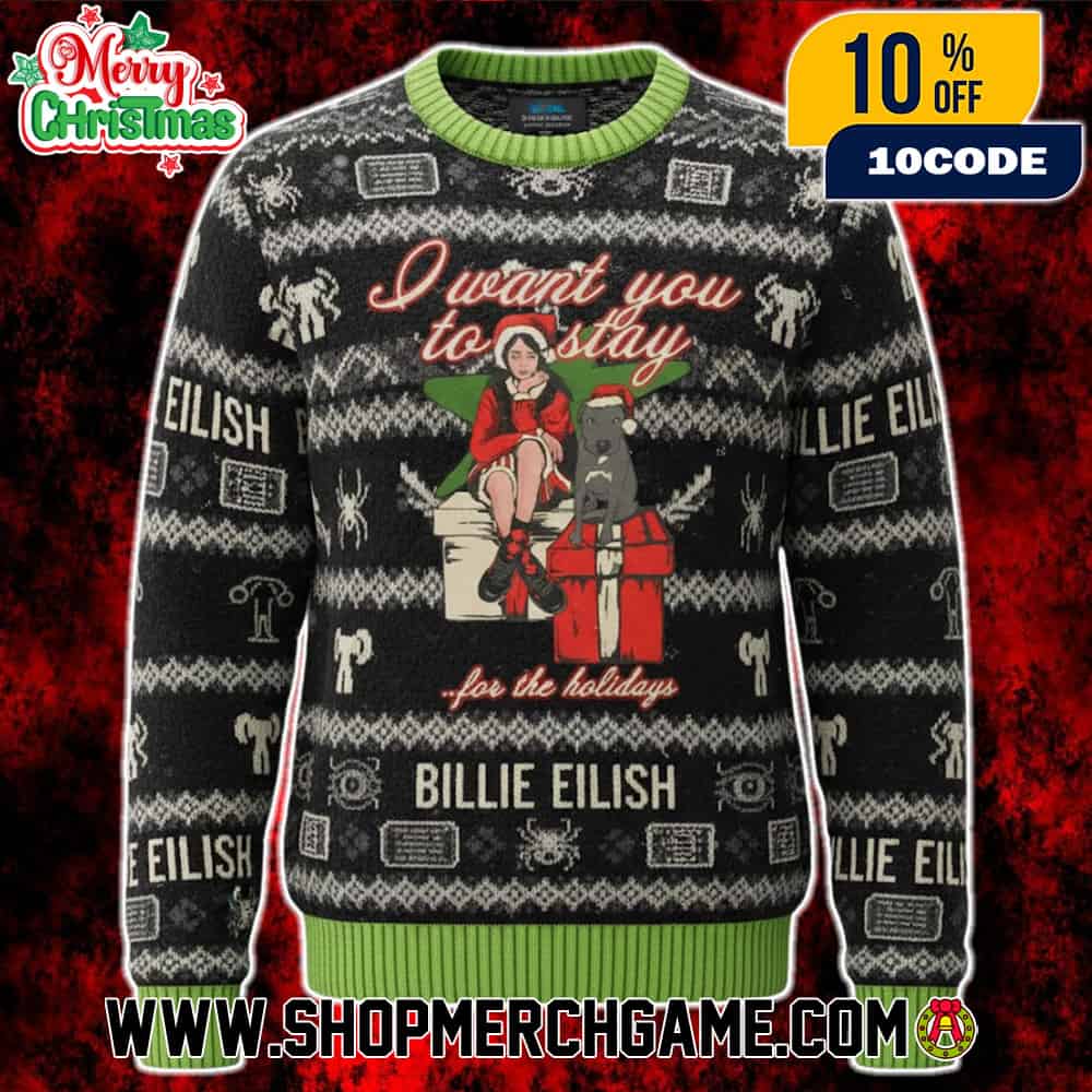Billie Eilish I Want You To Stay For The Holidays Ugly Christmas Sweater Black Knitted Pullover With Fair Isle Pattern Gift Box Santa Hat Design Winter Holiday Collectible Billie Eilish I Want You To Stay For The Holidays Ugly Christmas Sweater Black Knitted Pullover With Fair Isle Pattern Gift Box Santa Hat Design Winter Holiday Collectible