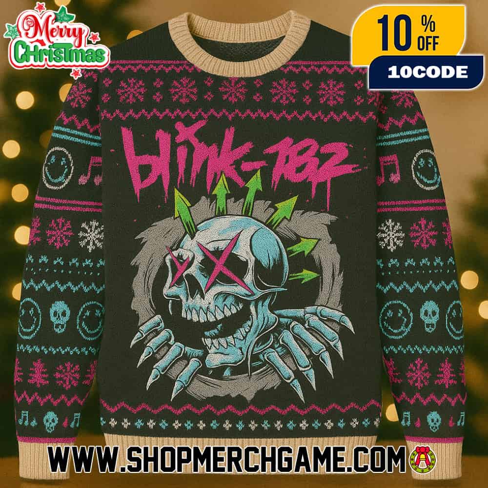 Blink-182 Ugly Christmas Sweater Green Pink Blue Knitted Pullover With Skull Mohawk Star Logo Smiley Face Music Notes Pattern Pop Punk Holiday Jumper Unisex Gift Blink-182 Ugly Christmas Sweater Green Pink Blue Knitted Pullover With Skull Mohawk Star Logo Smiley Face Music Notes Pattern Pop Punk Holiday Jumper Unisex Gift