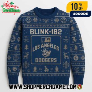 Blink-182 x Los Angeles Dodgers MLB Ugly Christmas Sweater Unisex Navy Blue Gold Knit Holiday Crewneck Pullover Snowflake Baseball Music Mashup
