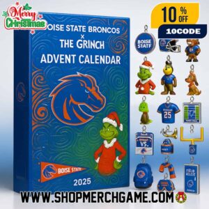 Boise State Broncos NCAA x The Grinch Advent Calendar 2025 Ornament 24 Collectible Holiday Football Decorations With Mascot Helmet Jersey Trophy Set