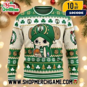 Boston Celtics x One Piece Tony Tony Chopper Ugly Christmas Sweater NBA Official Holiday Knitted Pullover Festive Green White Gold Shamrock Clover Pattern Anime Crossover Xmas Party Unisex