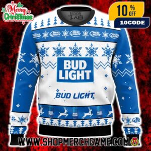 Bud Light Ugly Sweater Blue White Snowflake Reindeer Knitted Christmas Holiday Pullover Beer Sweater