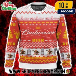 Budweiser Ugly Sweater Red Gold Reindeer Snowflake Knitted Christmas Holiday Beer Pullover Sweatshirt