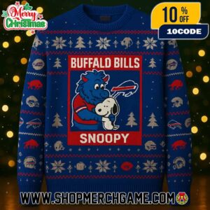 Buffalo Bills x Snoopy Ugly Christmas Sweater Peanuts Collaboration Blue Knitted Pullover NFL Holiday Jumper With Snowflakes Buffalo Logo And Christmas Trees Winter Festive Apparel