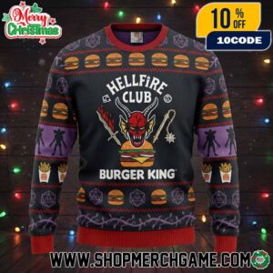 Burger King x Stranger Things Season 5 2025 Hellfire Club Ugly Christmas Sweater With Hamburger Fries Dice Patterns Holiday Knit