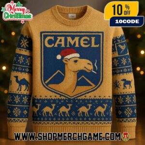 Camel Cigarette Ugly Christmas Sweater Tan Blue Knitted Pullover With Smoking Camel Santa Hat Design Featuring Snowflakes Camel Pattern And Shield Logo Holiday Party Jumper Unisex Gift