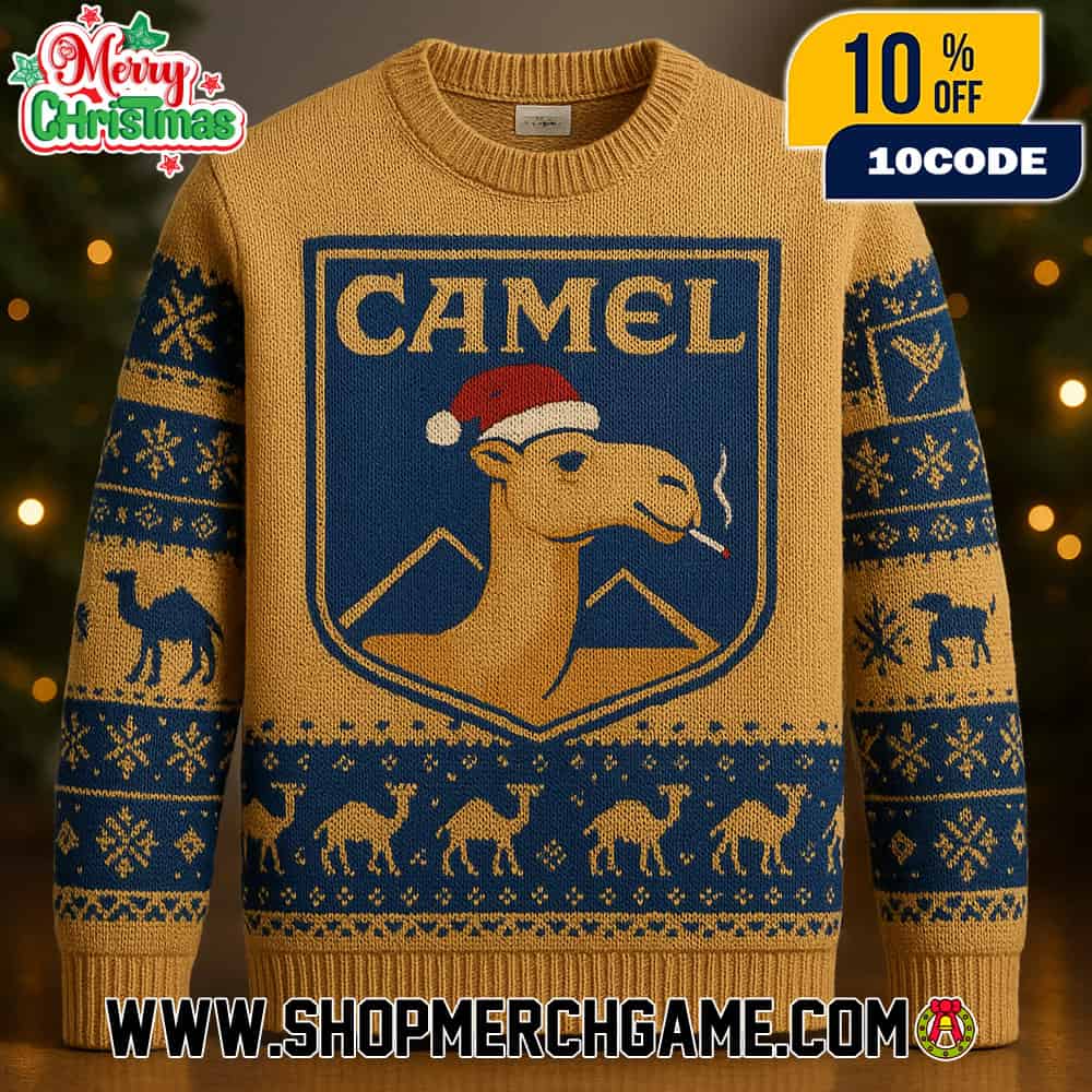 Camel Cigarette Ugly Christmas Sweater Tan Blue Knitted Pullover With Smoking Camel Santa Hat Design Featuring Snowflakes Camel Pattern And Shield Logo Holiday Party Jumper Unisex Gift Camel Cigarette Ugly Christmas Sweater Tan Blue Knitted Pullover With Smoking Camel Santa Hat Design Featuring Snowflakes Camel Pattern And Shield Logo Holiday Party Jumper Unisex Gift
